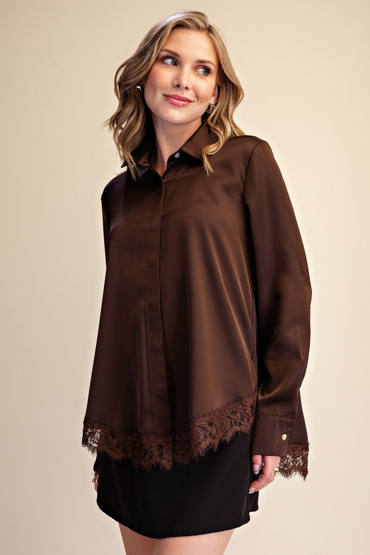 Brown Satin Lace Trim Button Up Shirt - STYLED BY ALX COUTURETops