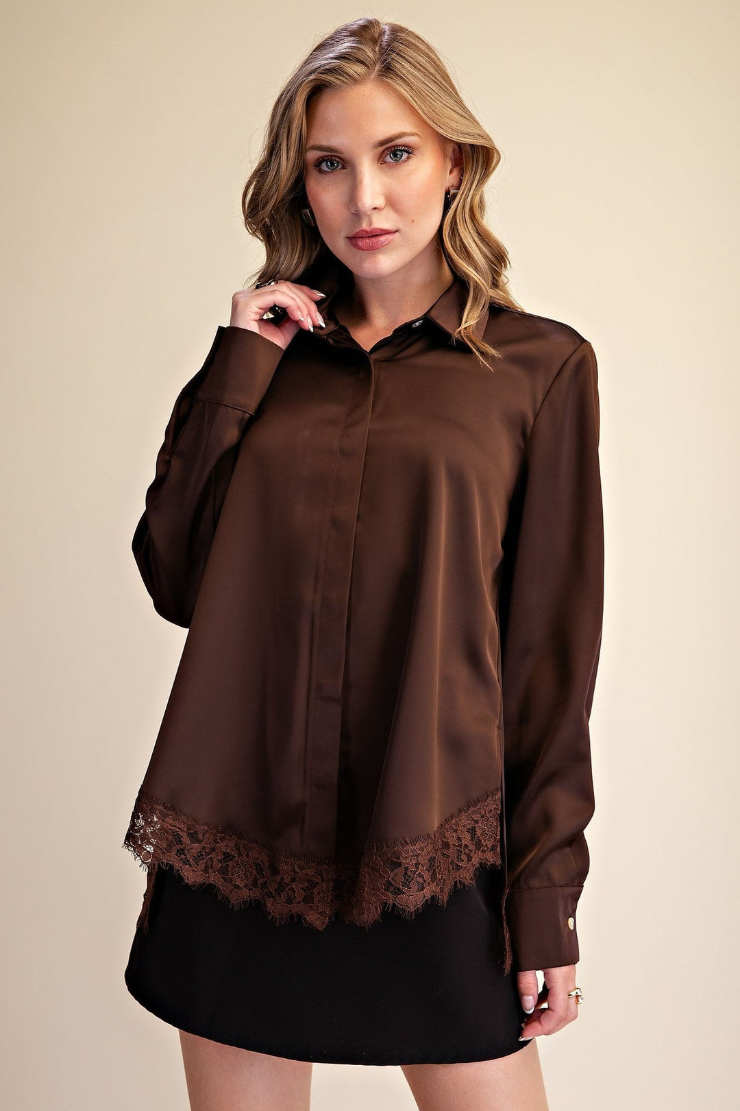 Brown Satin Lace Trim Button Up Shirt - STYLED BY ALX COUTURETops