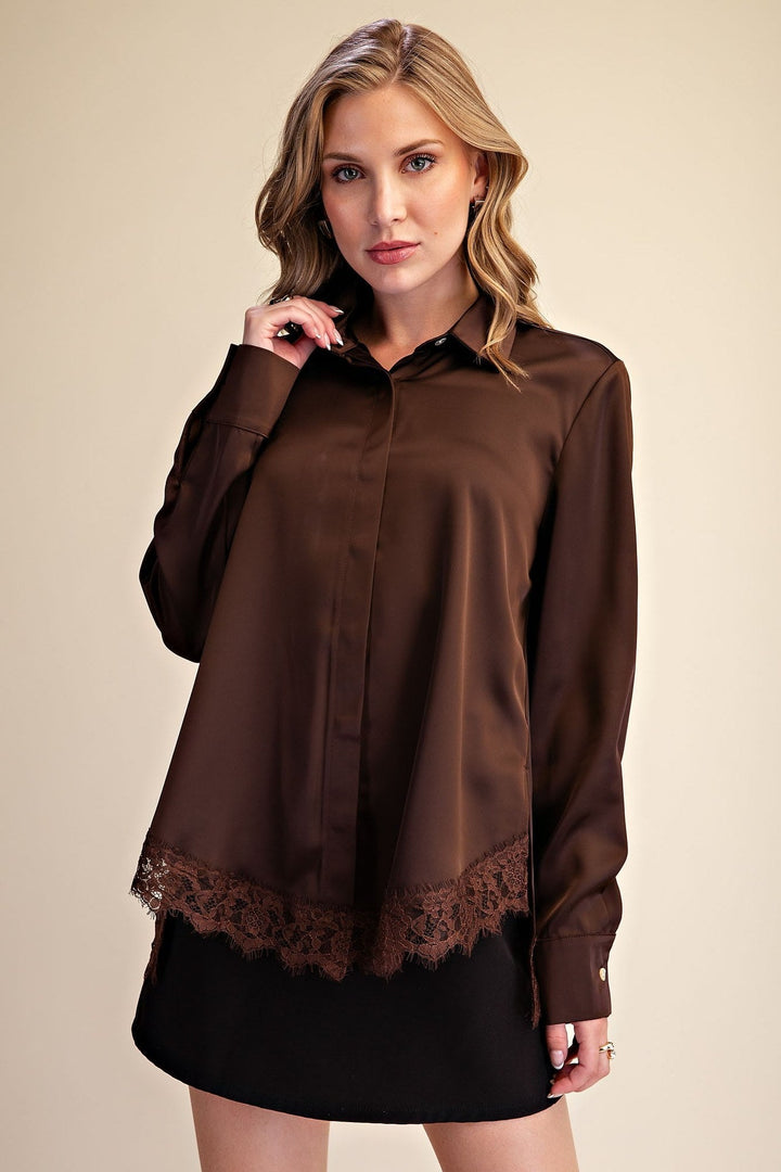 Brown Satin Lace Trim Button Up Shirt - STYLED BY ALX COUTURETops