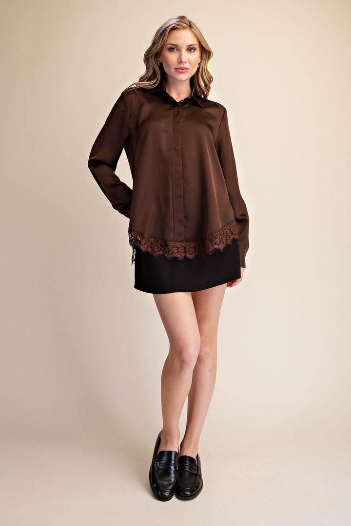 Brown Satin Lace Trim Button Up Shirt - STYLED BY ALX COUTURETops