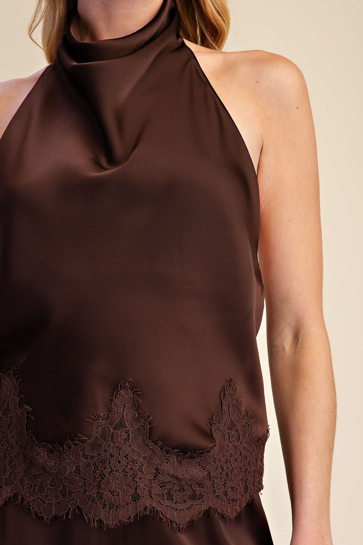 Brown Satin Lace Trim Halter Cowl Neck Open Back Top - STYLED BY ALX COUTURETops