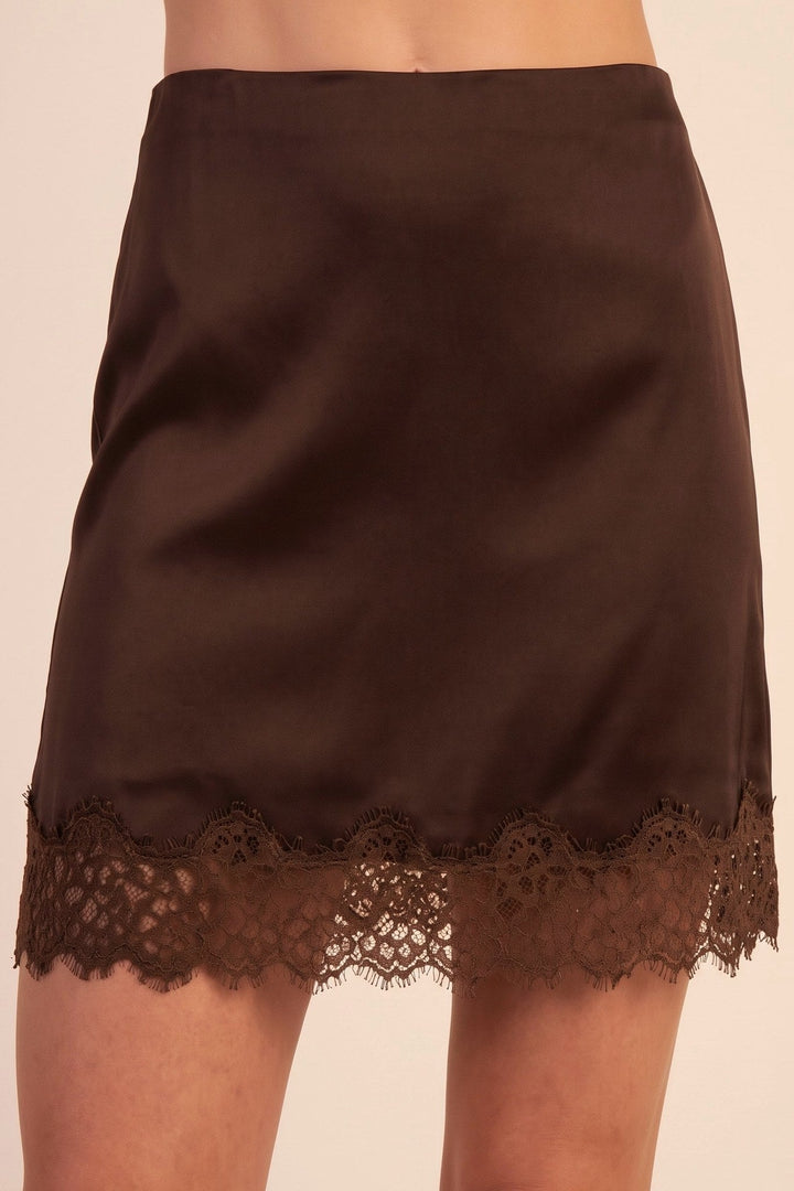 Brown Satin Lace Trim Mini Skirt - STYLED BY ALX COUTURESkirts