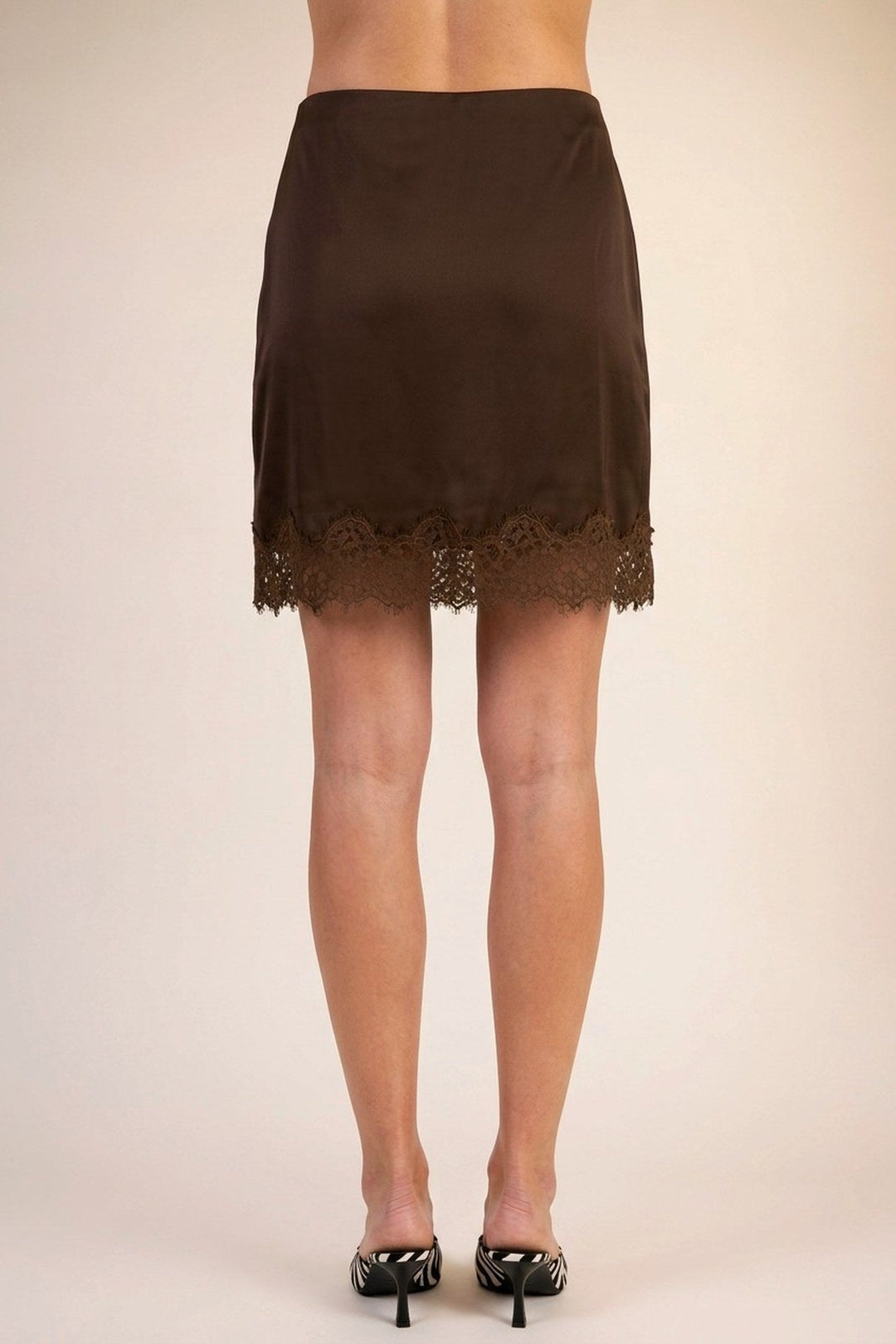 Brown Satin Lace Trim Mini Skirt - STYLED BY ALX COUTURESkirts