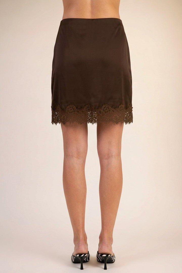 Brown Satin Lace Trim Mini Skirt - STYLED BY ALX COUTURESkirts