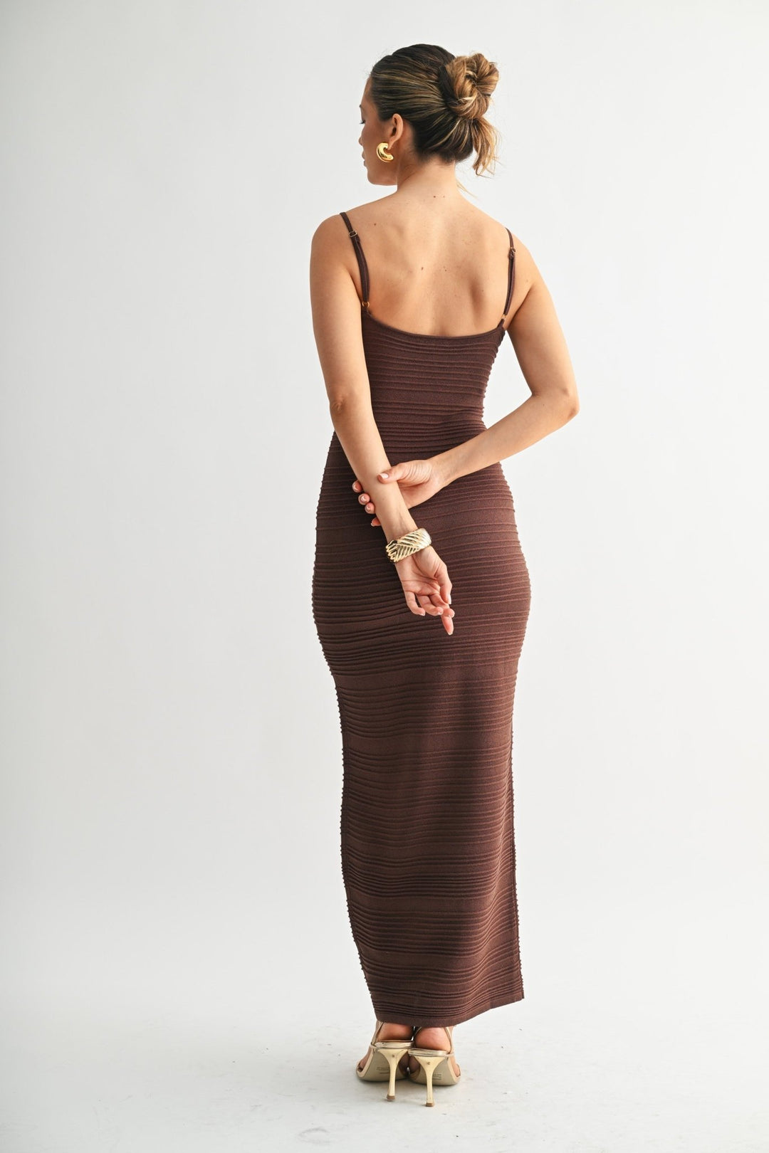 Brown Sculpted Glitter Texture Knit Maxi Dress - STYLED BY ALX COUTUREDresses