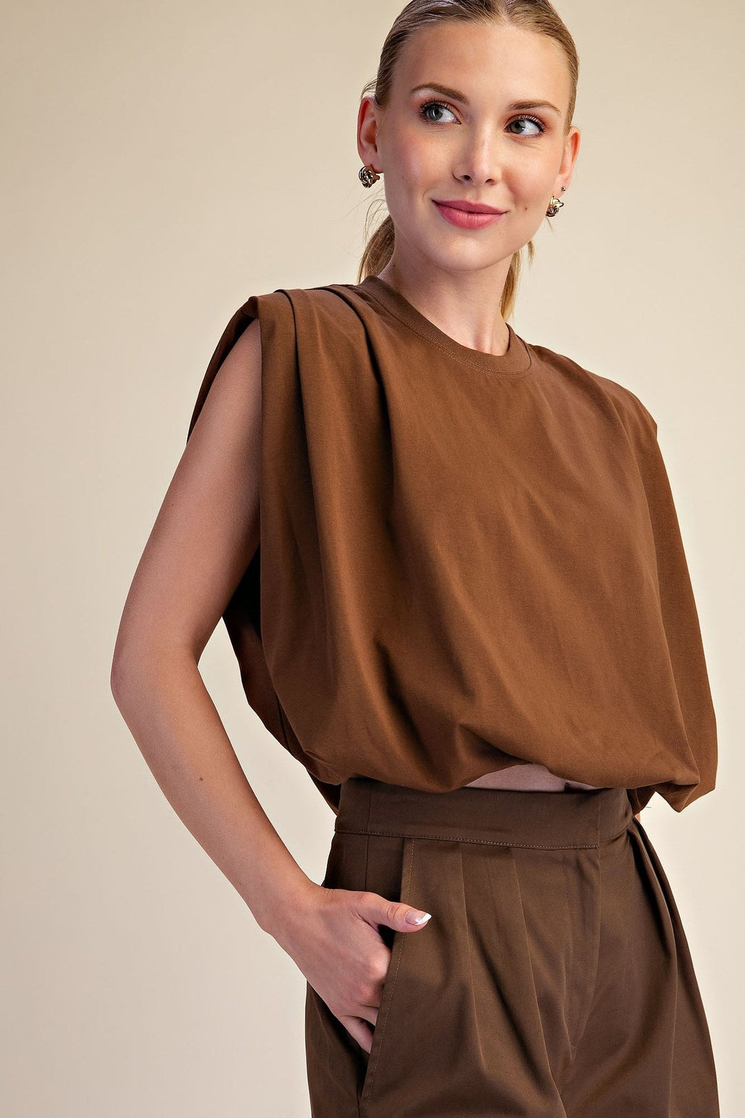 Brown Shoulder Pad Balloon Crop Top - STYLED BY ALX COUTURETops