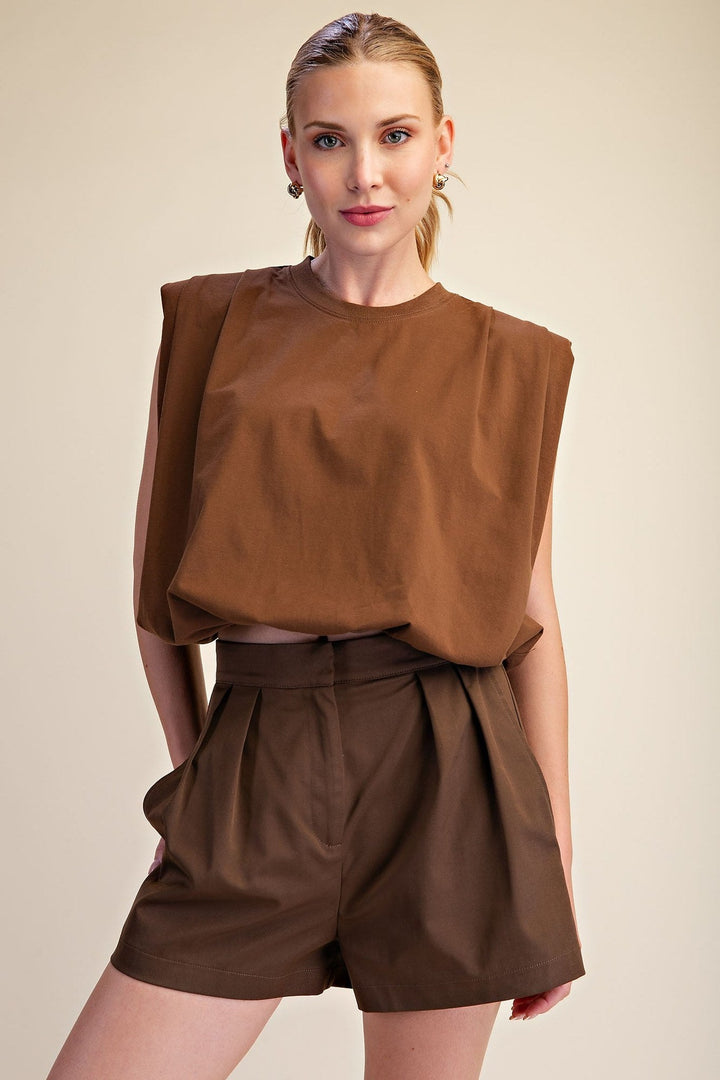 Brown Shoulder Pad Balloon Crop Top - STYLED BY ALX COUTURETops