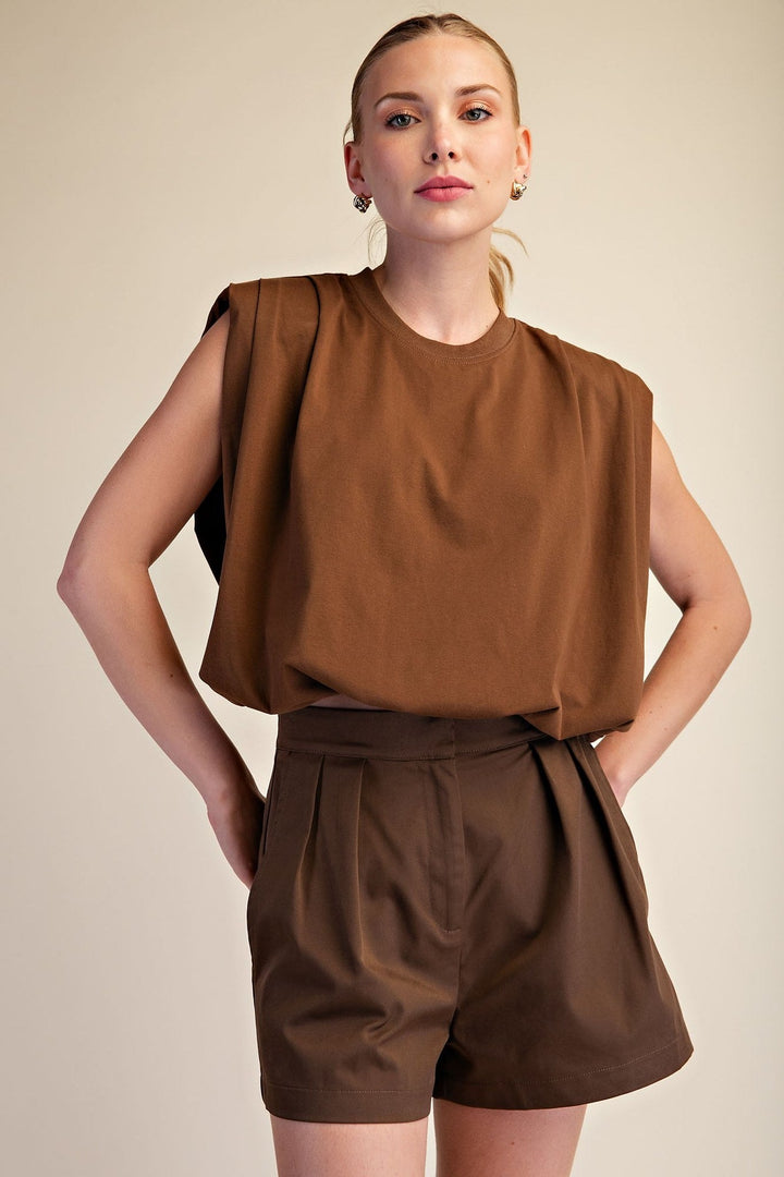 Brown Shoulder Pad Balloon Crop Top - STYLED BY ALX COUTURETops