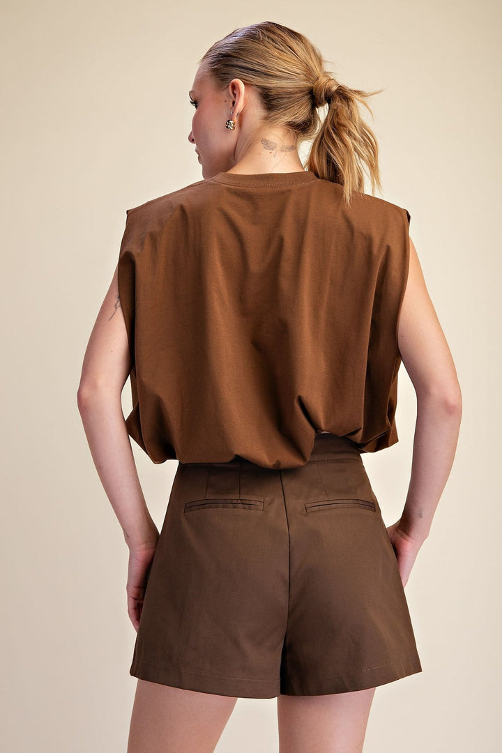 Brown Shoulder Pad Balloon Crop Top - STYLED BY ALX COUTURETops