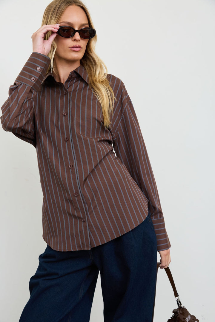 Brown Stripe Lace-Up Back Shirt - STYLED BY ALX COUTUREShirts &amp; Tops