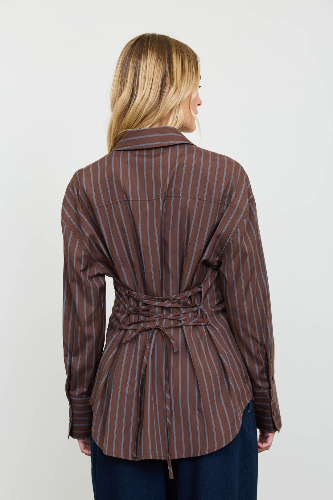 Brown Stripe Lace-Up Back Shirt - STYLED BY ALX COUTUREShirts &amp; Tops