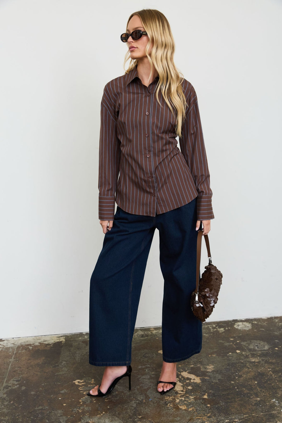 Brown Stripe Lace-Up Back Shirt - STYLED BY ALX COUTUREShirts &amp; Tops