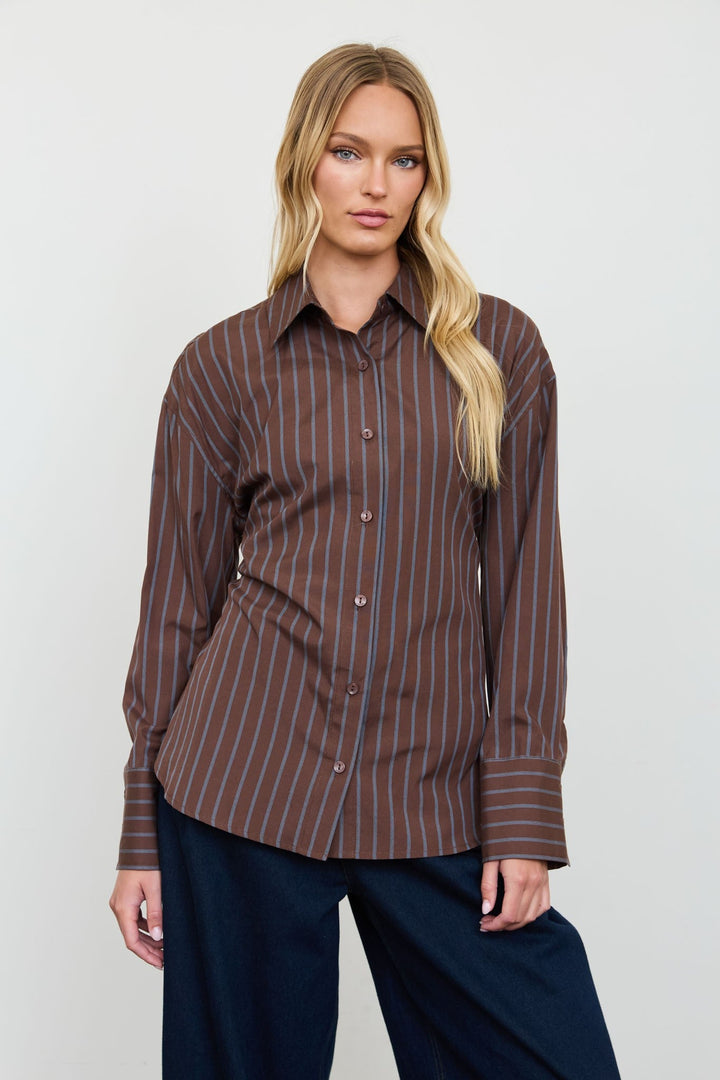 Brown Stripe Lace-Up Back Shirt - STYLED BY ALX COUTUREShirts &amp; Tops
