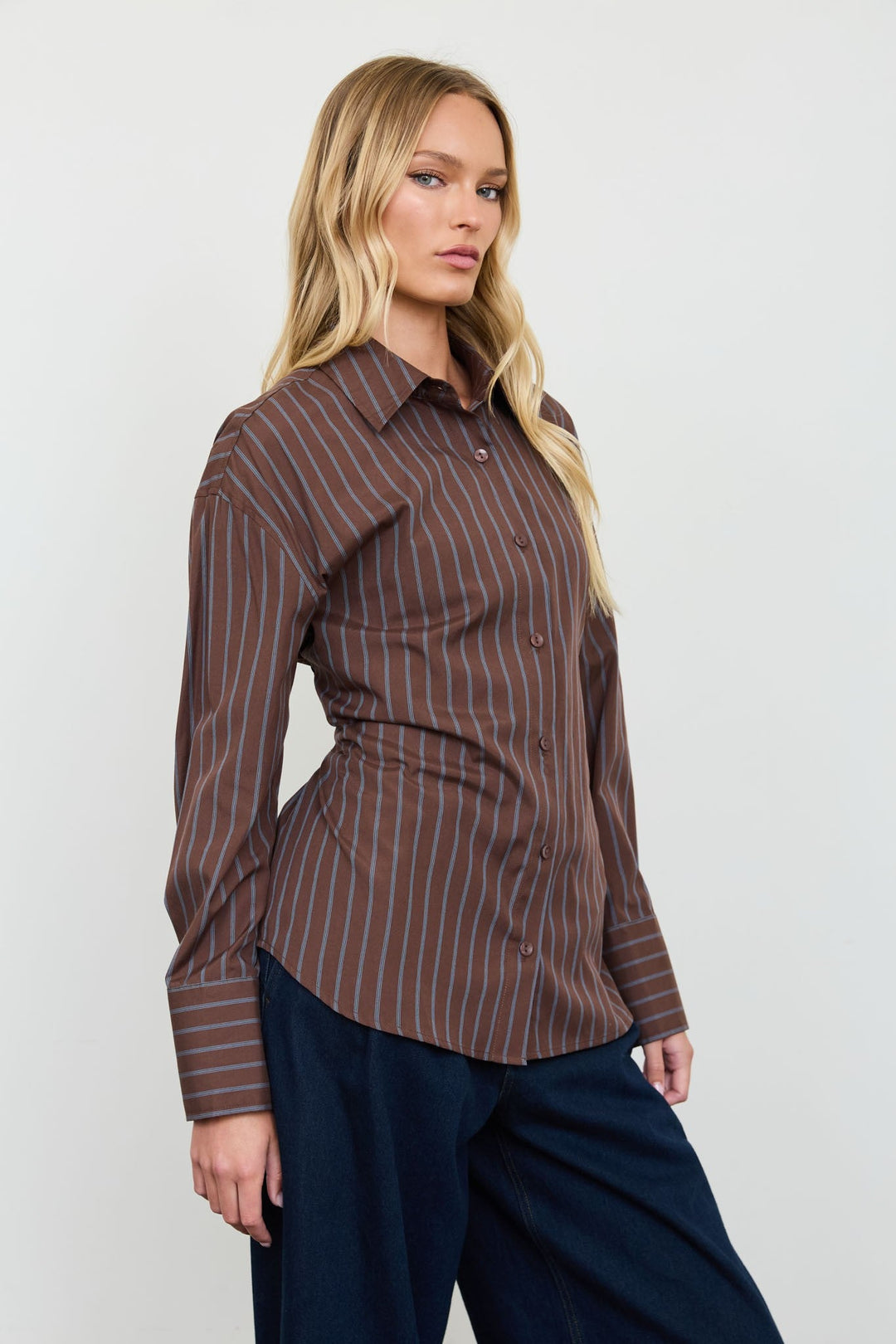 Brown Stripe Lace-Up Back Shirt - STYLED BY ALX COUTUREShirts &amp; Tops
