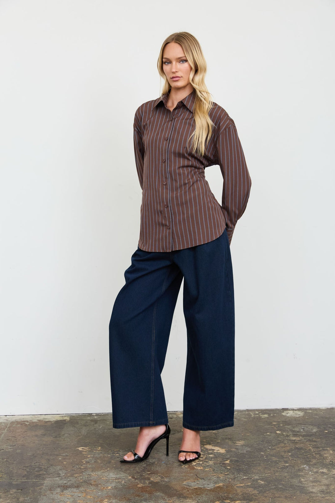 Brown Stripe Lace-Up Back Shirt - STYLED BY ALX COUTUREShirts &amp; Tops