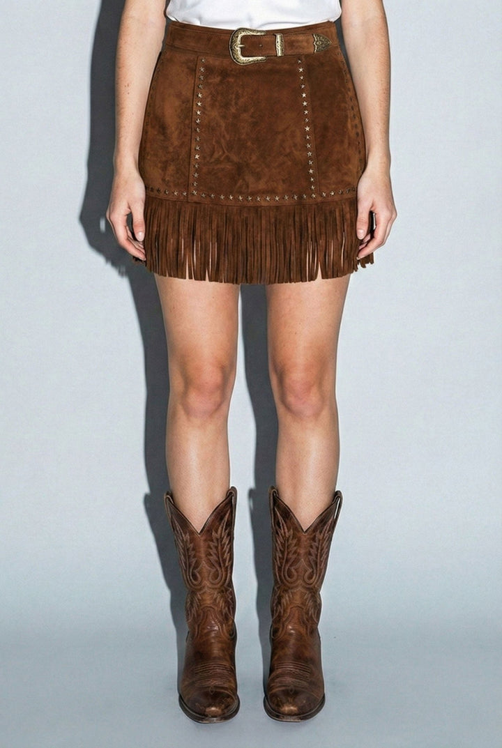 Brown Suede Fringe Mini Skirt - STYLED BY ALX COUTURESkirts