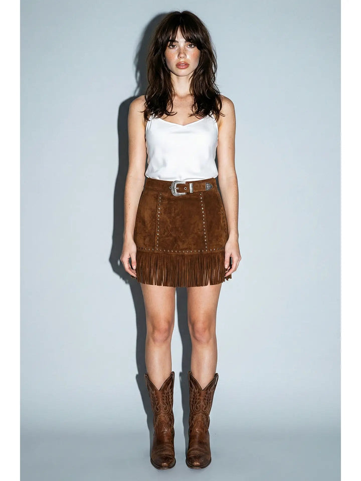 Brown Suede Fringe Mini Skirt - STYLED BY ALX COUTURESkirts
