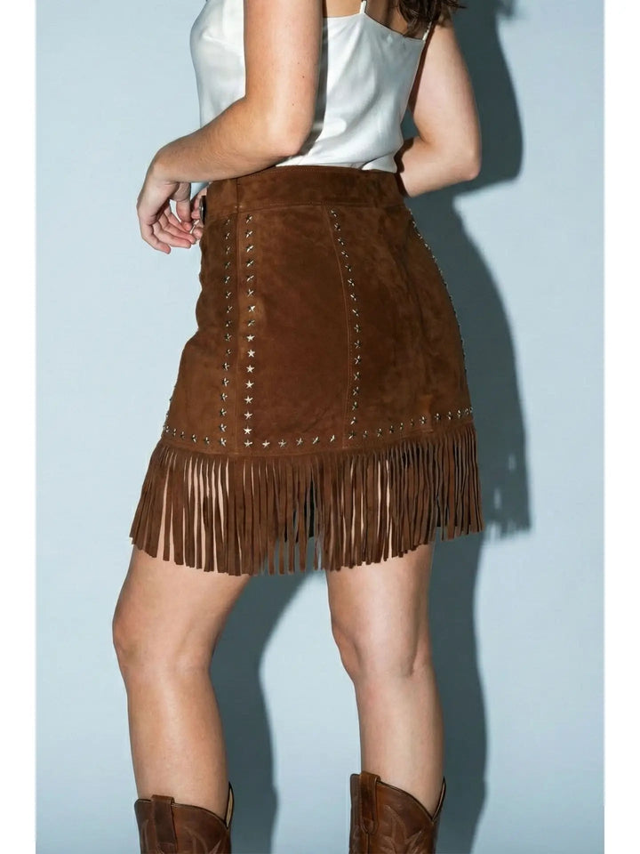 Brown Suede Fringe Mini Skirt - STYLED BY ALX COUTURESkirts