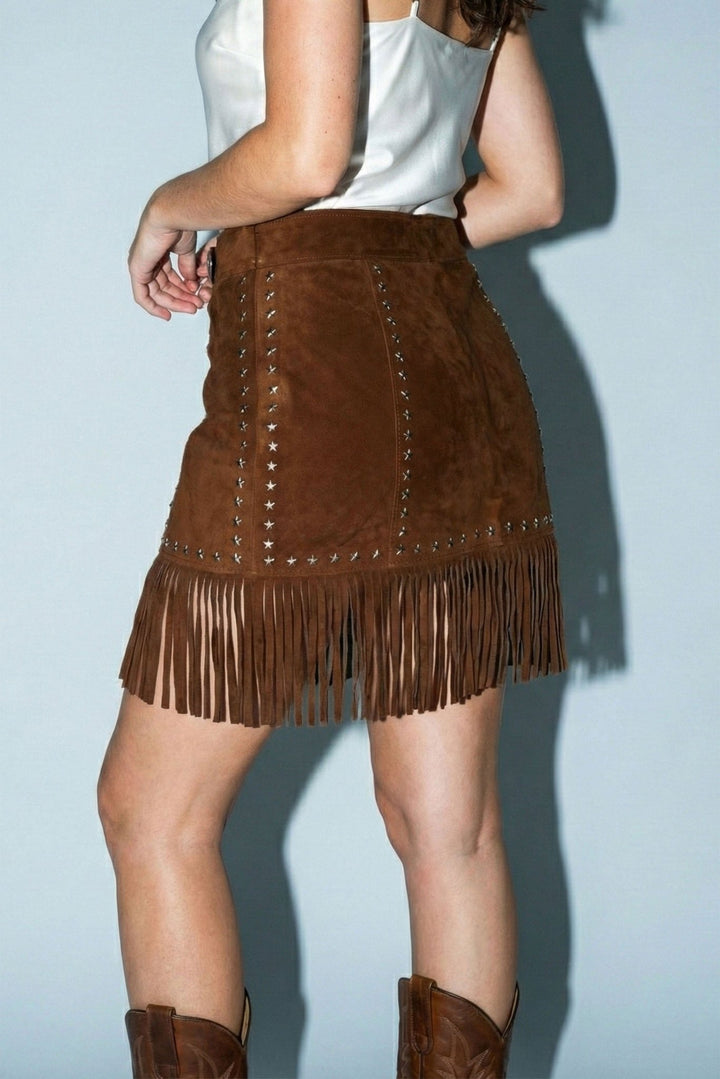 Brown Suede Fringe Mini Skirt - STYLED BY ALX COUTURESkirts
