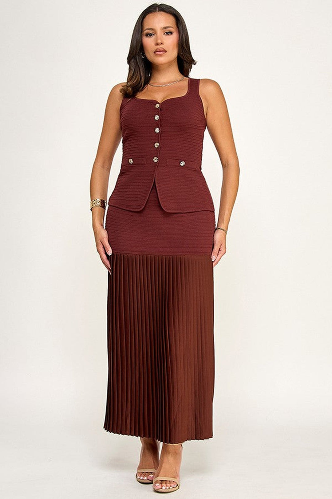 Brown Sweater Vest and Pleated Maxi Skirt Set - STYLED BY ALX COUTUREOutfit Sets