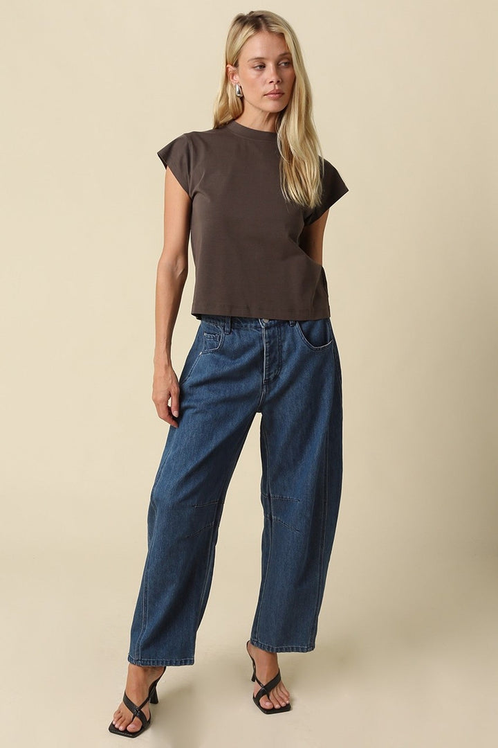 Brown Valerie Mock Neck Cap Sleeve Crop Tee - STYLED BY ALX COUTURETops