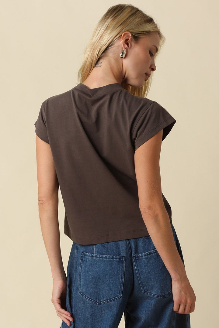 Brown Valerie Mock Neck Cap Sleeve Crop Tee - STYLED BY ALX COUTURETops