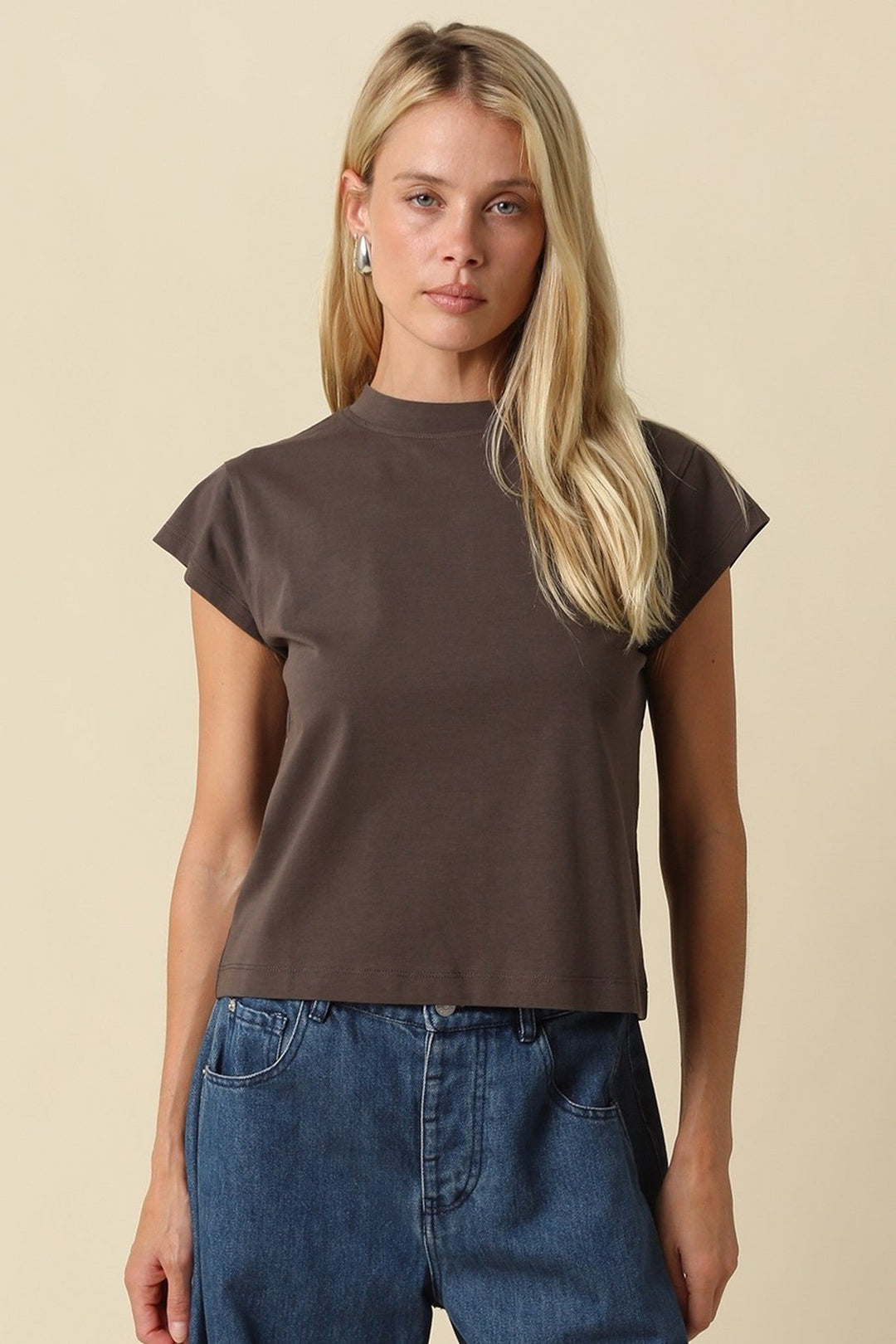 Brown Valerie Mock Neck Cap Sleeve Crop Tee - STYLED BY ALX COUTURETops