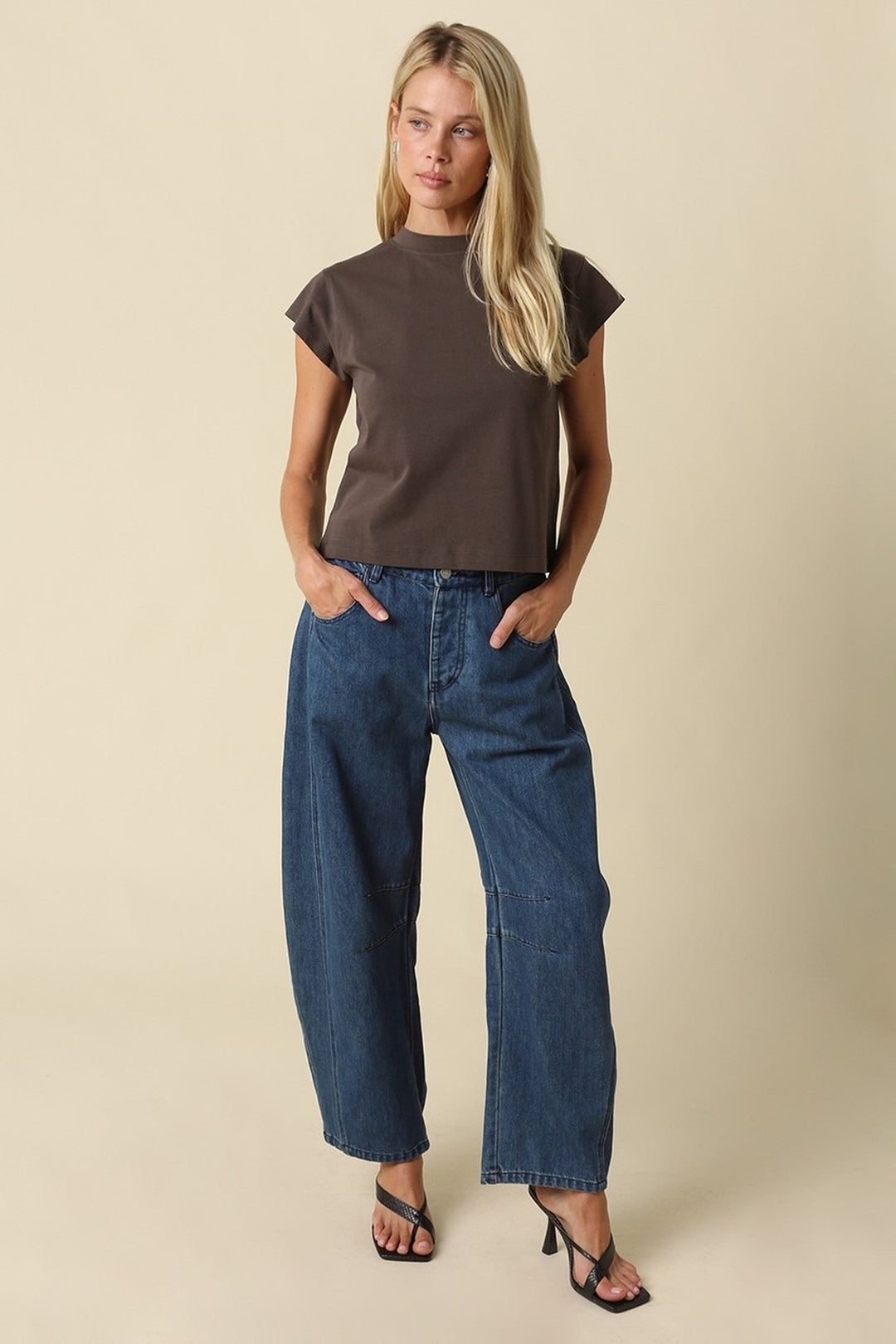 Brown Valerie Mock Neck Cap Sleeve Crop Tee - STYLED BY ALX COUTURETops