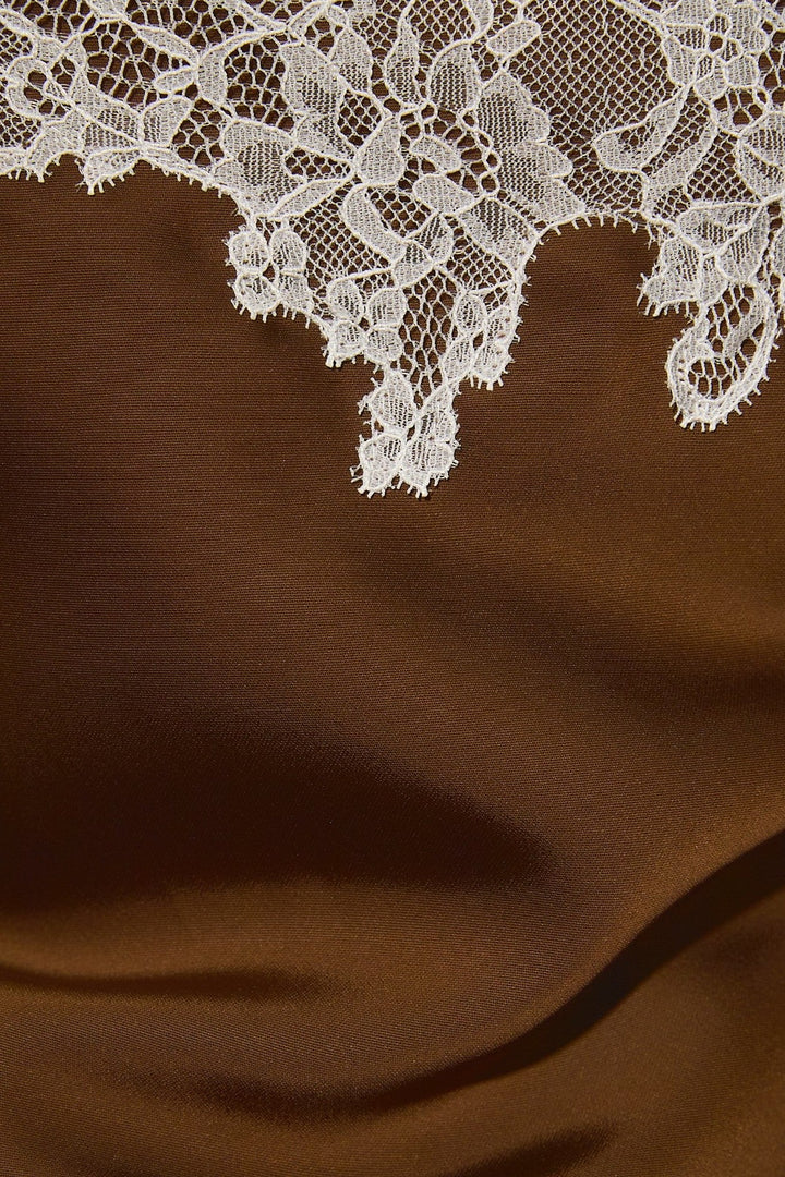 Brown White Lace Trim Asymmetrical Satin Cami Top - STYLED BY ALX COUTURETops
