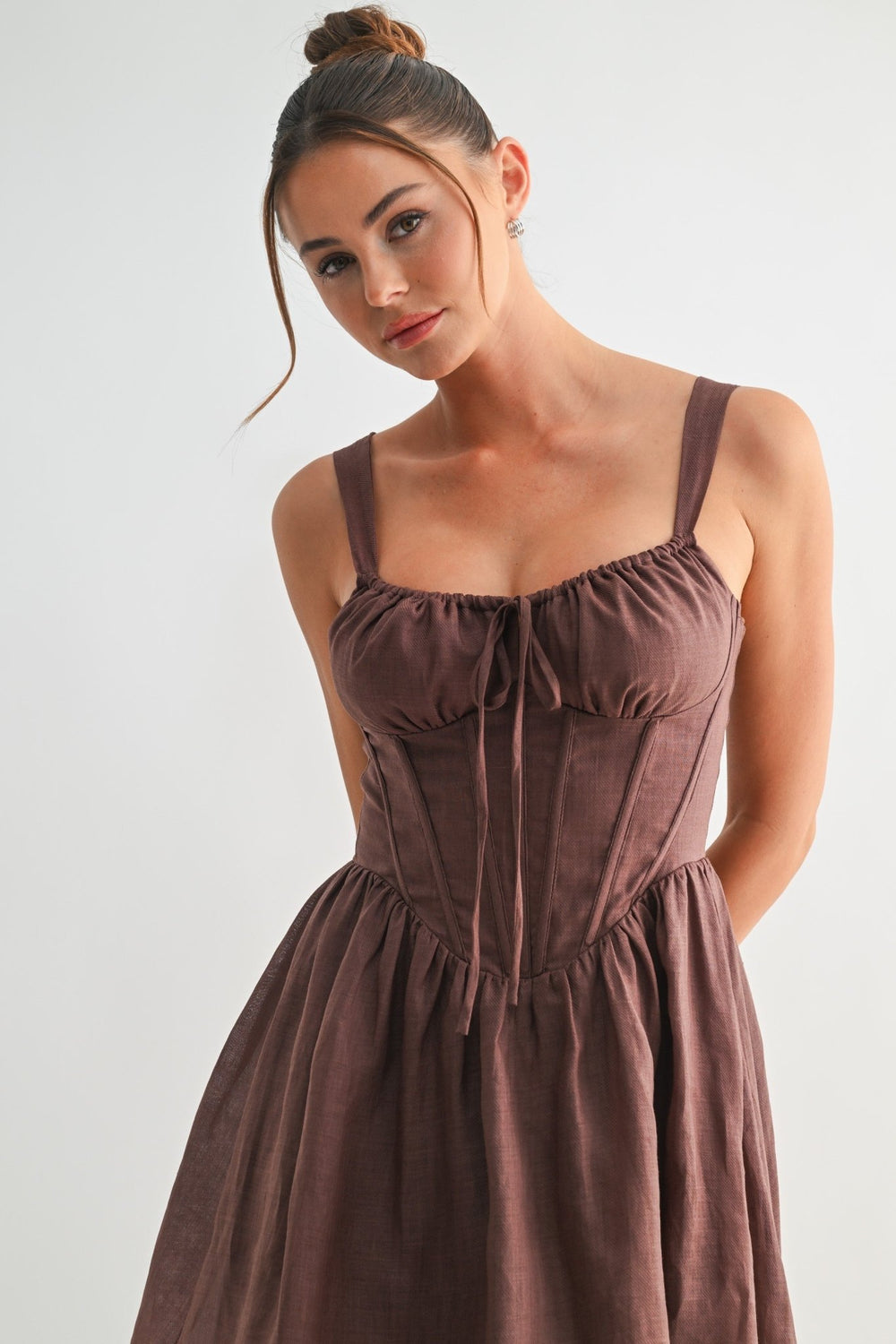 Brown Willow corset mini dress in linen with an adjustable tie front - STYLED BY ALX