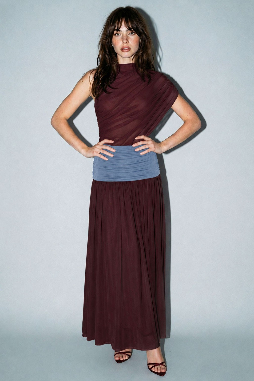 Burgundy colorblock mesh maxi dress with mock neck and contrast ruched waist, front view
