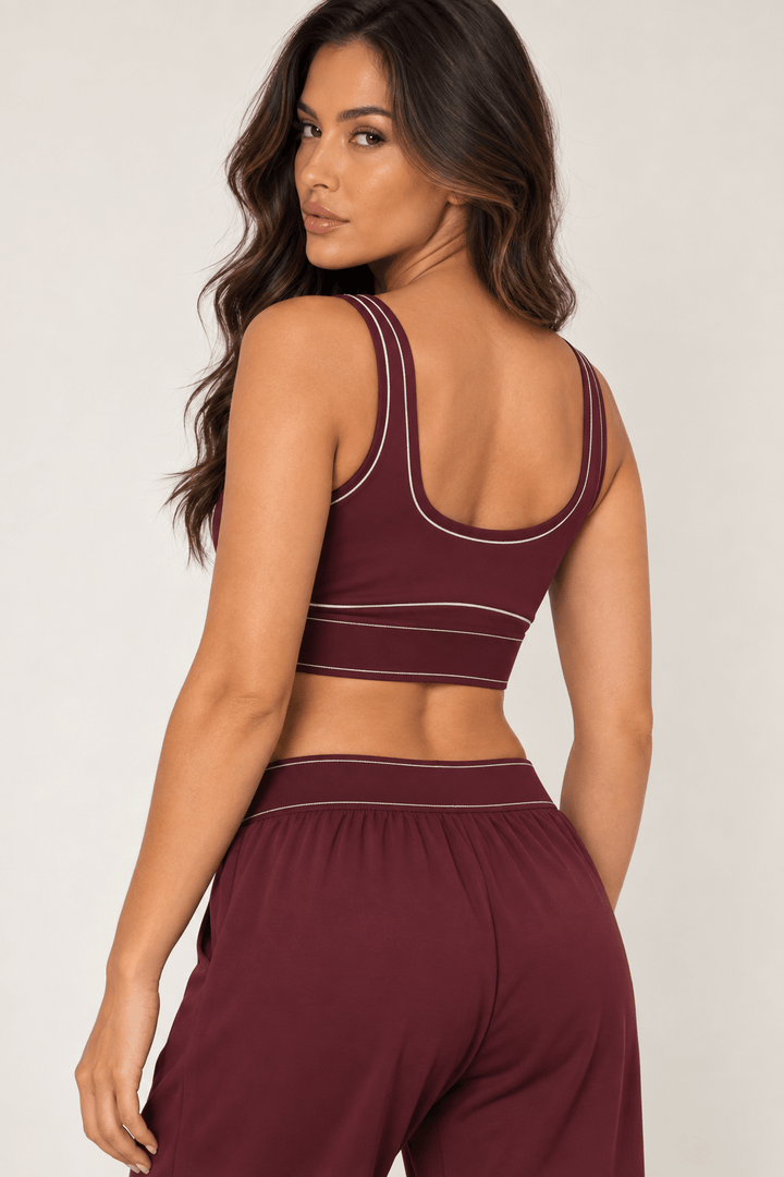 Burgundy Contrast Thread Sports Bra - STYLED BY ALX COUTURESports Bra