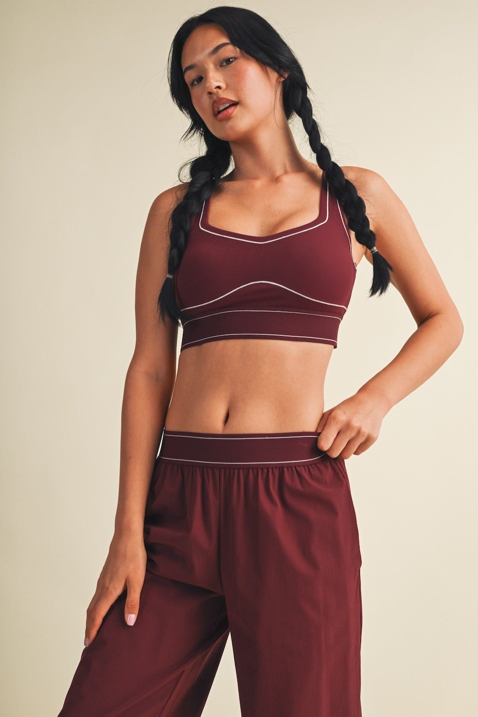 Burgundy Contrast Thread Sports Bra - STYLED BY ALX COUTURESports Bra