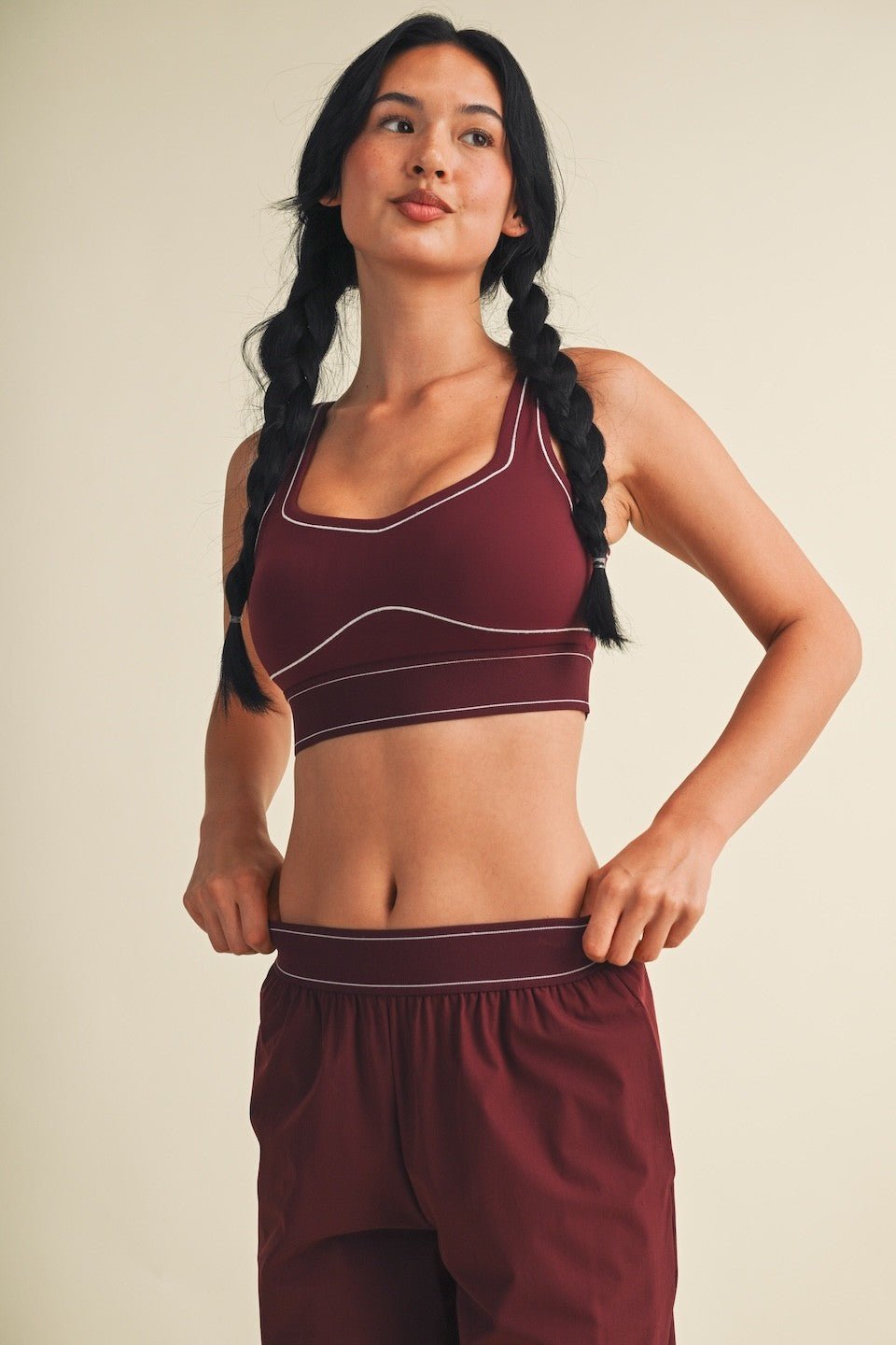 Burgundy Contrast Thread Sports Bra - STYLED BY ALX COUTURESports Bra