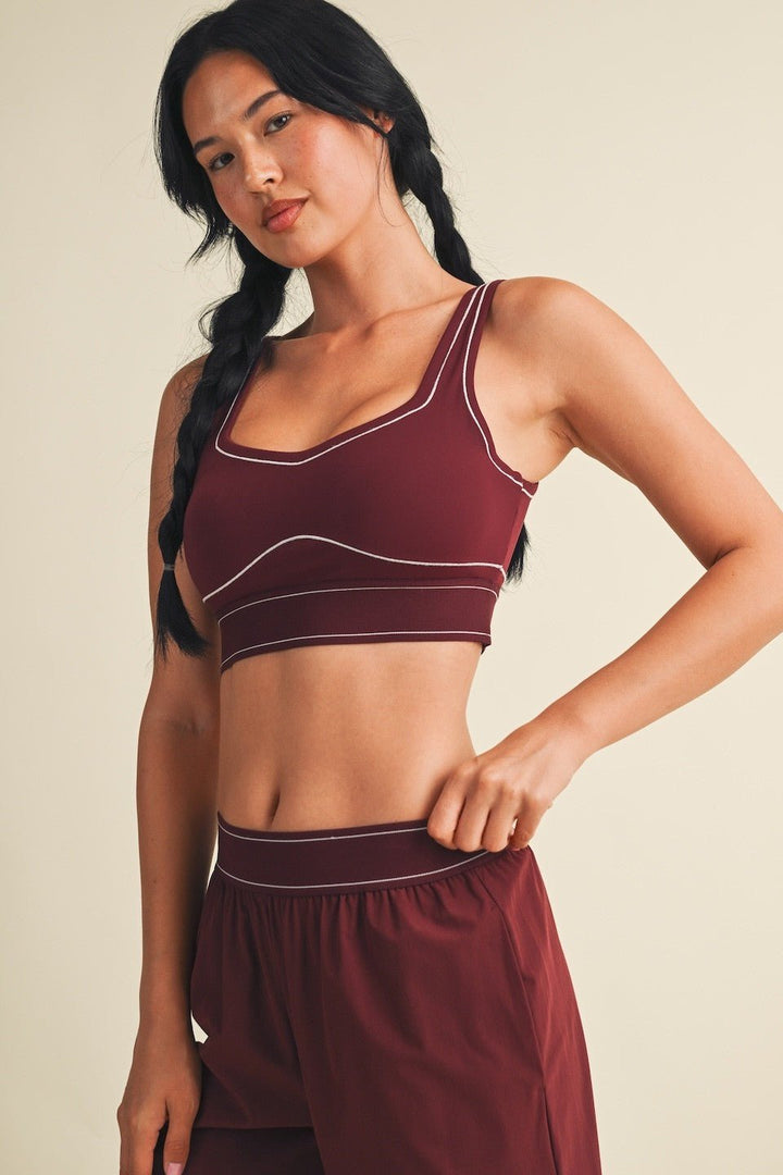 Burgundy Contrast Thread Sports Bra - STYLED BY ALX COUTURESports Bra