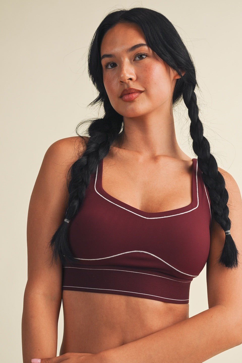 Burgundy Contrast Thread Sports Bra - STYLED BY ALX COUTURESports Bra