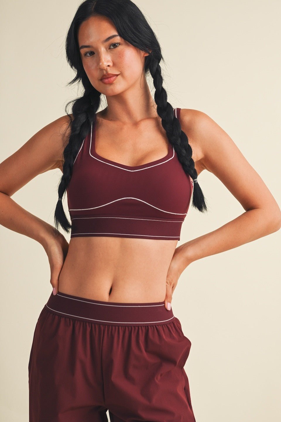Burgundy Contrast Thread Sports Bra - STYLED BY ALX COUTURESports Bra