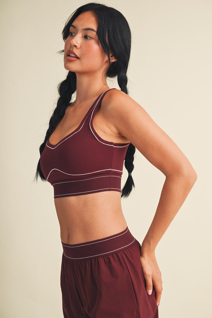 Burgundy Contrast Thread Sports Bra - STYLED BY ALX COUTURESports Bra