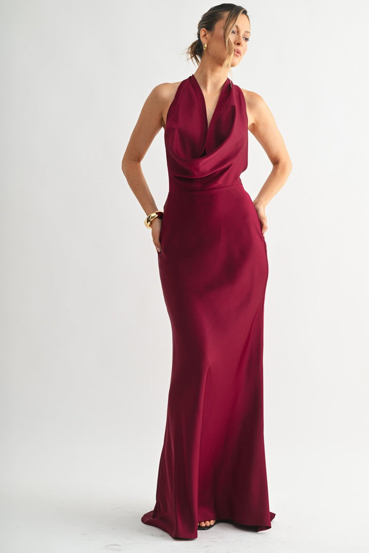 Burgundy Drape Elegance Backless Dress - STYLED BY ALX COUTUREDresses