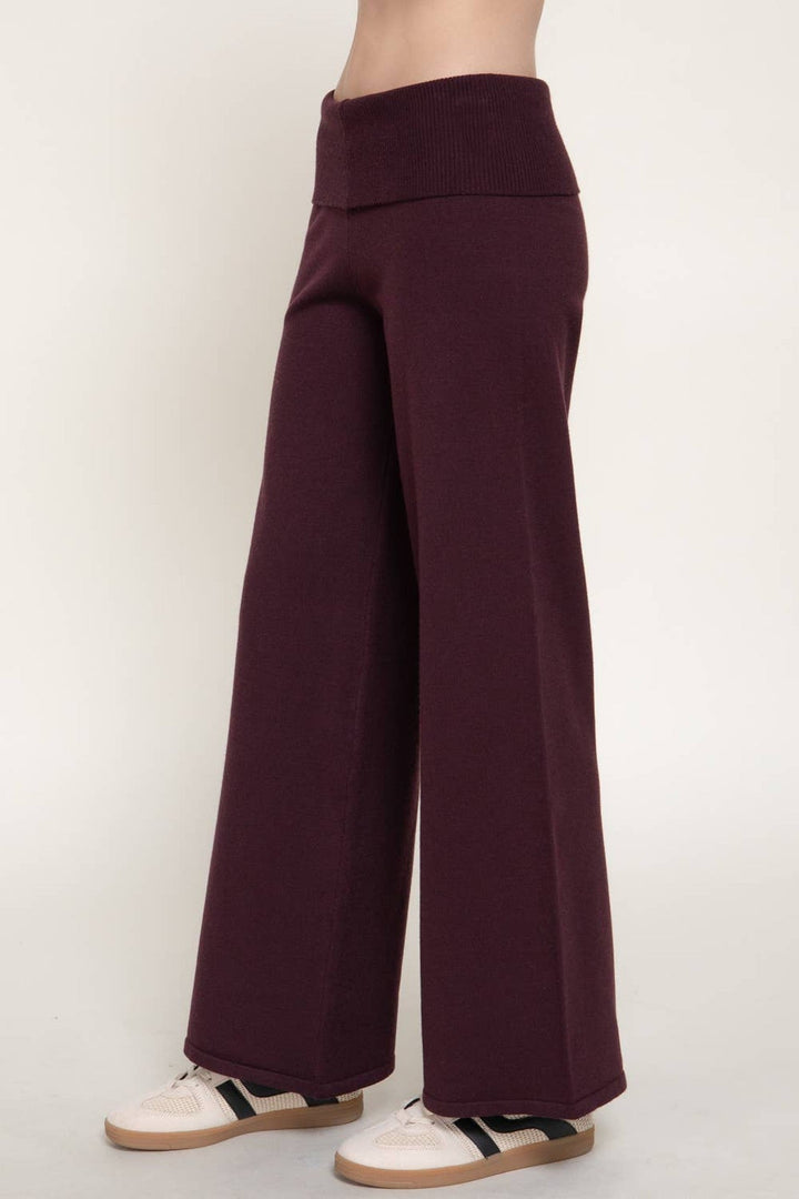 Burgundy Fold Over Waist Sweater Pants - STYLED BY ALX COUTUREPants