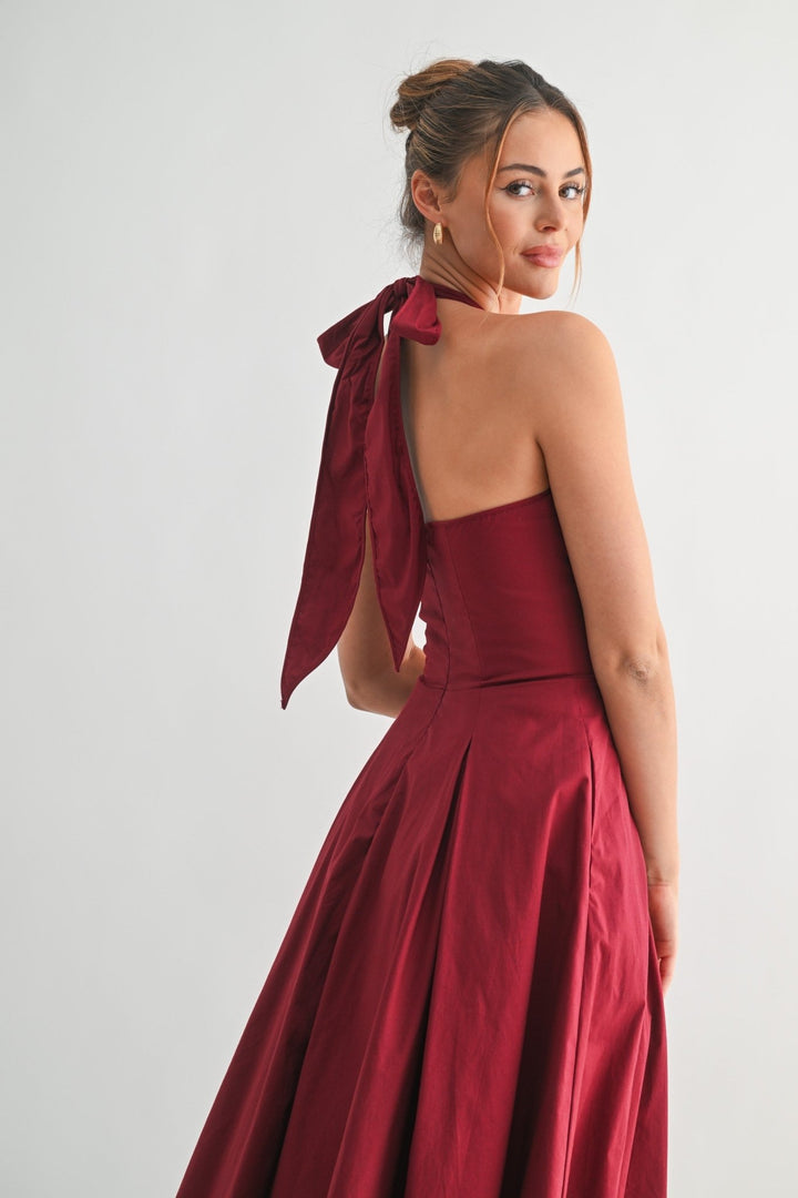 Burgundy Halter Manhattan Tie - back Midi Dress - STYLED BY ALX COUTUREDresses
