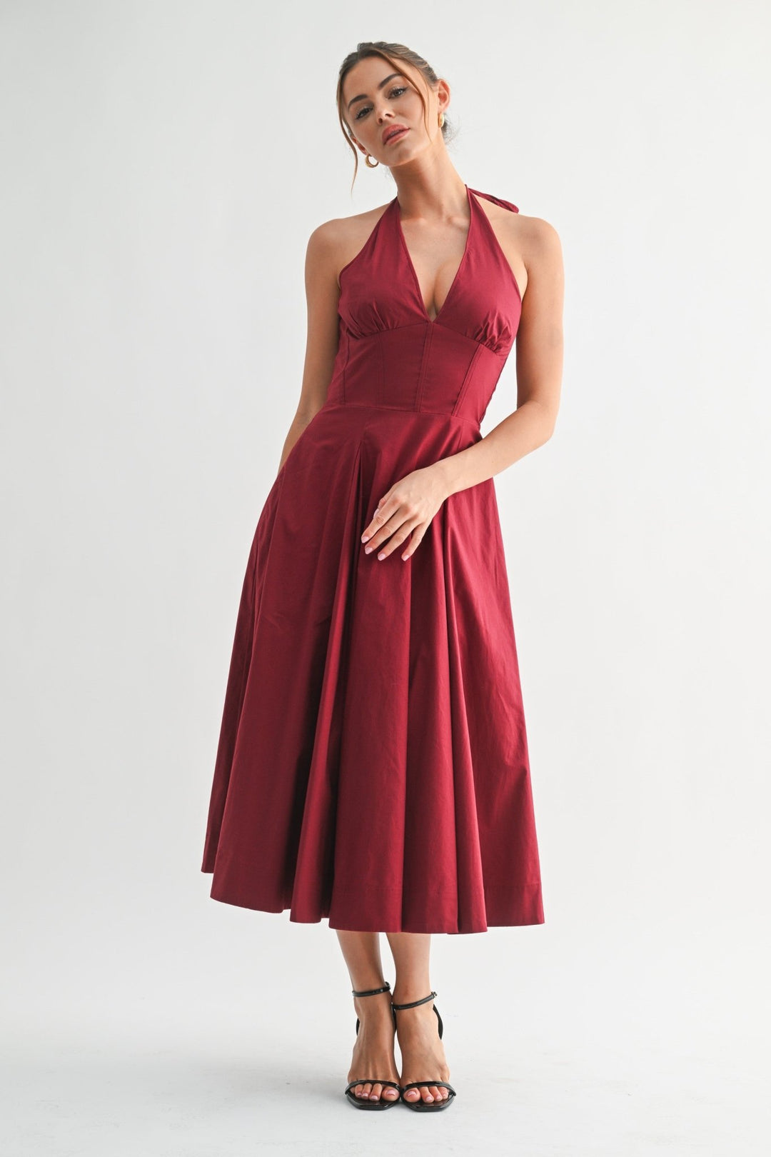 Burgundy Halter Manhattan Tie - back Midi Dress - STYLED BY ALX COUTUREDresses