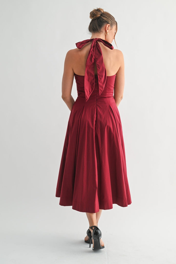 Burgundy Halter Manhattan Tie - back Midi Dress - STYLED BY ALX COUTUREDresses