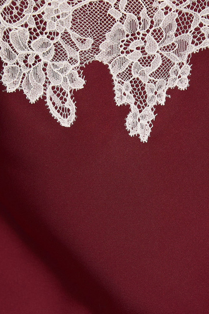 Burgundy Lace Trim Asymmetrical Satin Cami Top - STYLED BY ALX COUTURETops