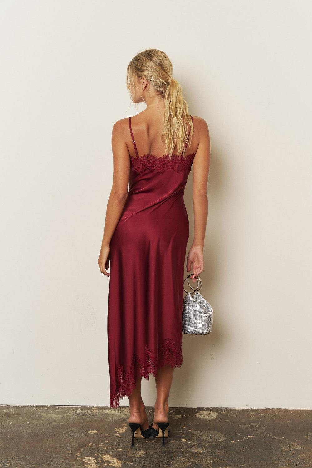 Burgundy Lace Trim Satin Dress - STYLED BY ALX COUTUREDresses