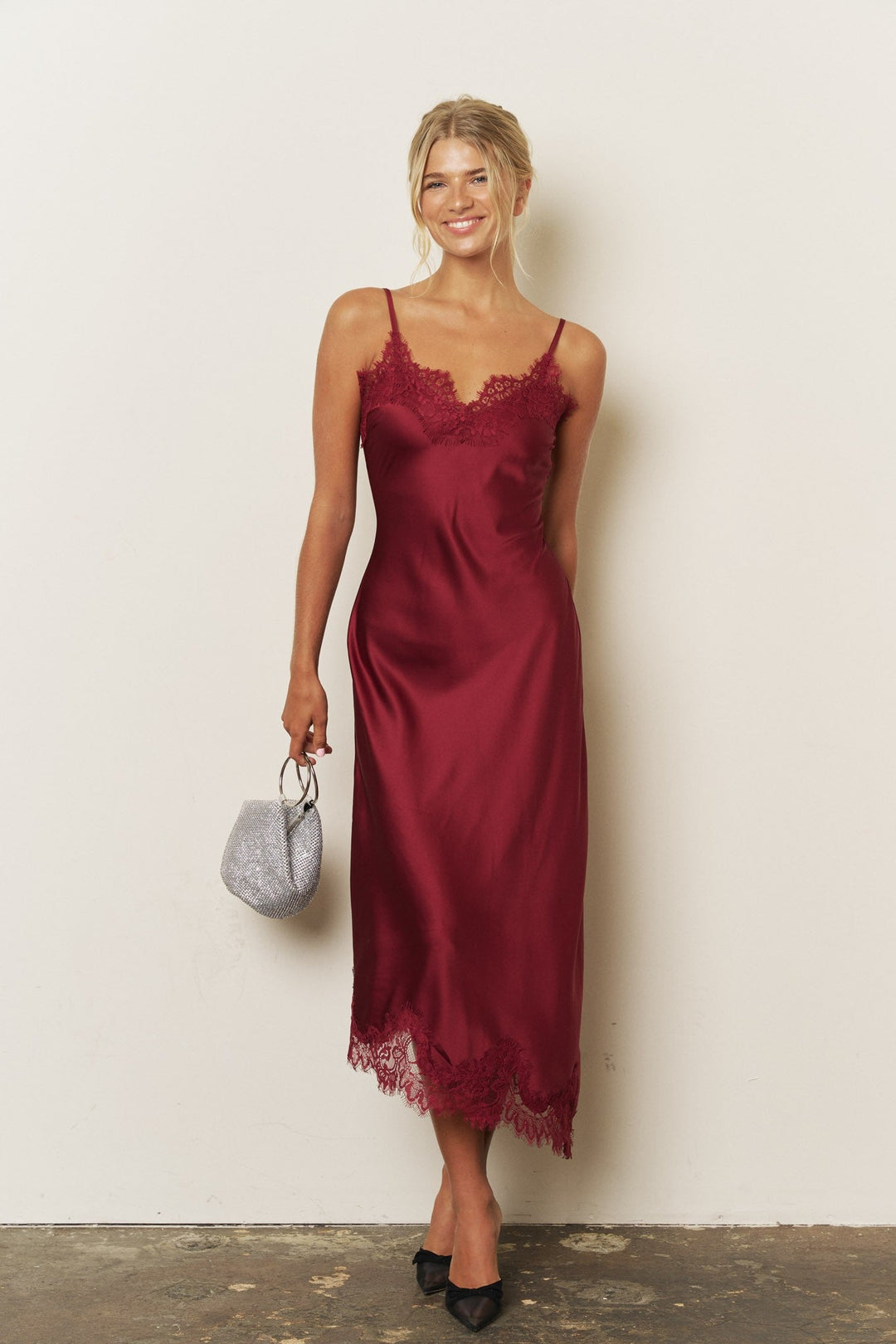 Burgundy Lace Trim Satin Dress - STYLED BY ALX COUTUREDresses