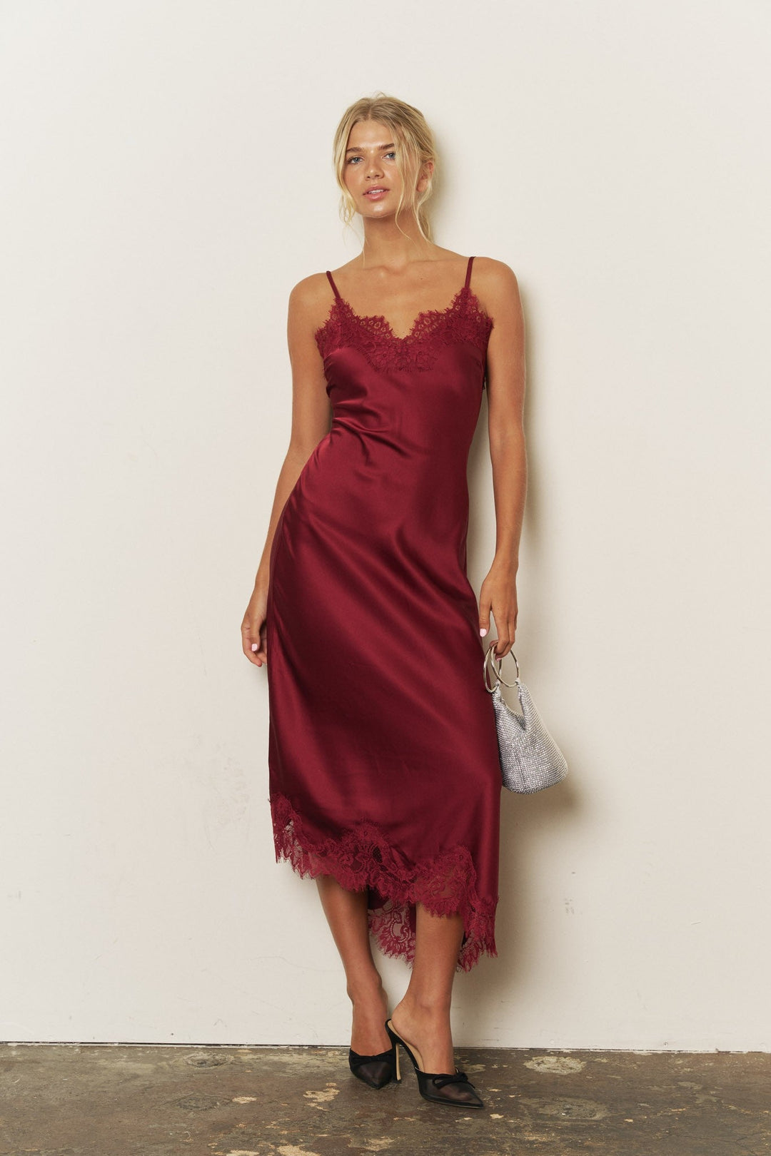 Burgundy Lace Trim Satin Dress - STYLED BY ALX COUTUREDresses