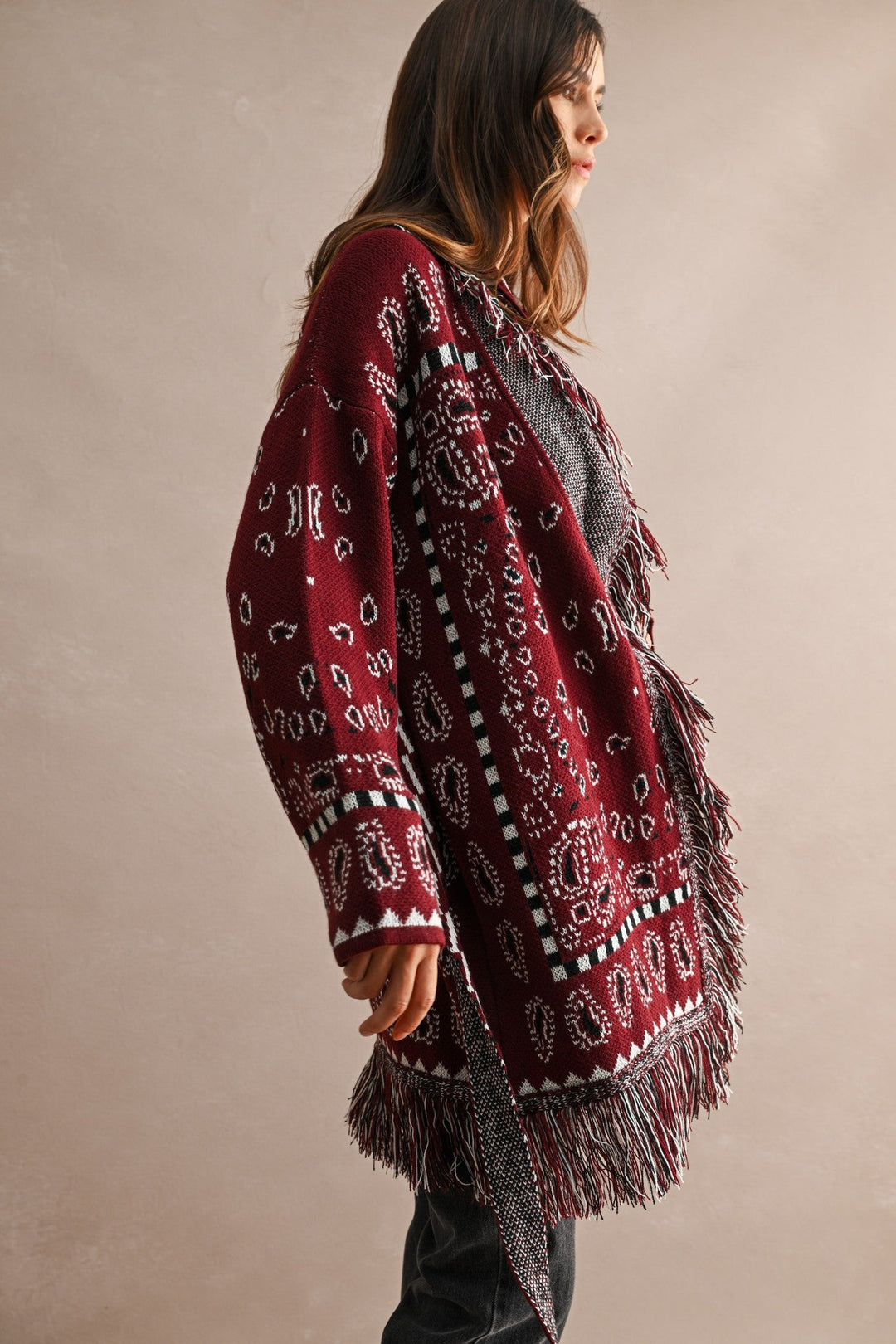 Burgundy Longline Bandana Fringed Shawl Collar Knit Cardigan - STYLED BY ALX COUTUREOuterwear