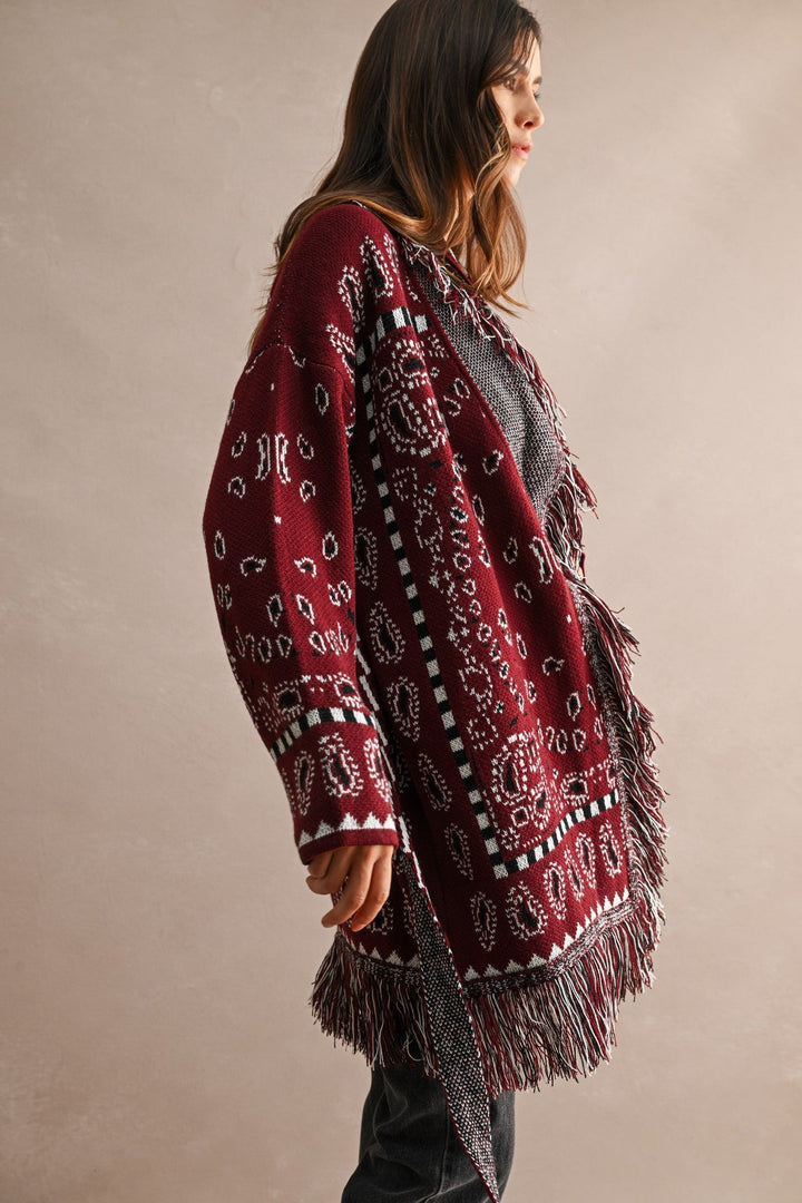 Burgundy Longline Bandana Fringed Shawl Collar Knit Cardigan - STYLED BY ALX COUTUREOuterwear