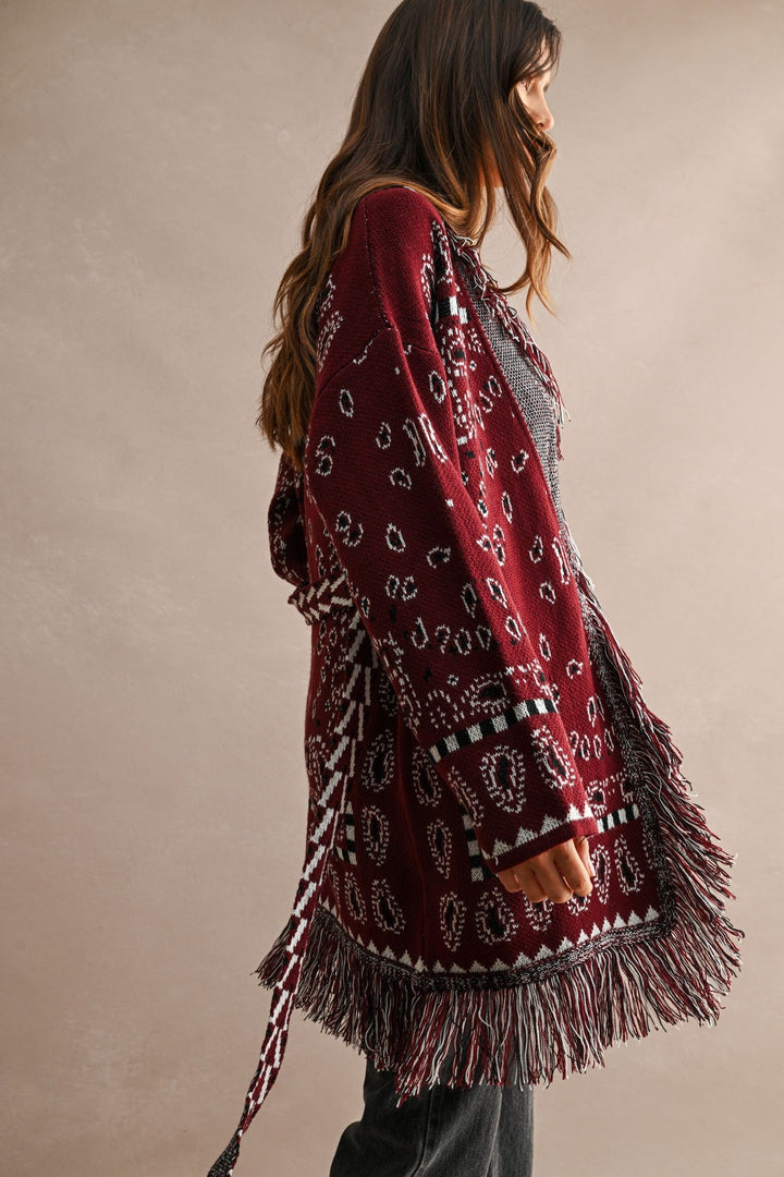 Burgundy Longline Bandana Fringed Shawl Collar Knit Cardigan - STYLED BY ALX COUTUREOuterwear